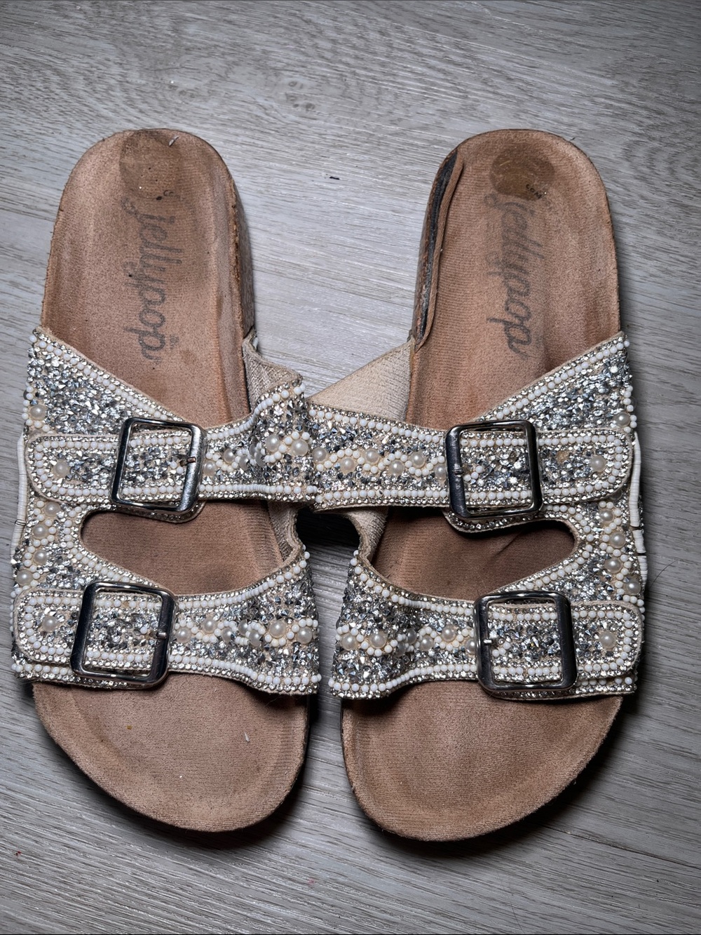 Jellypop Beaded Double-Buckle Rhibestone Slide Sandals - Beige Size- 9